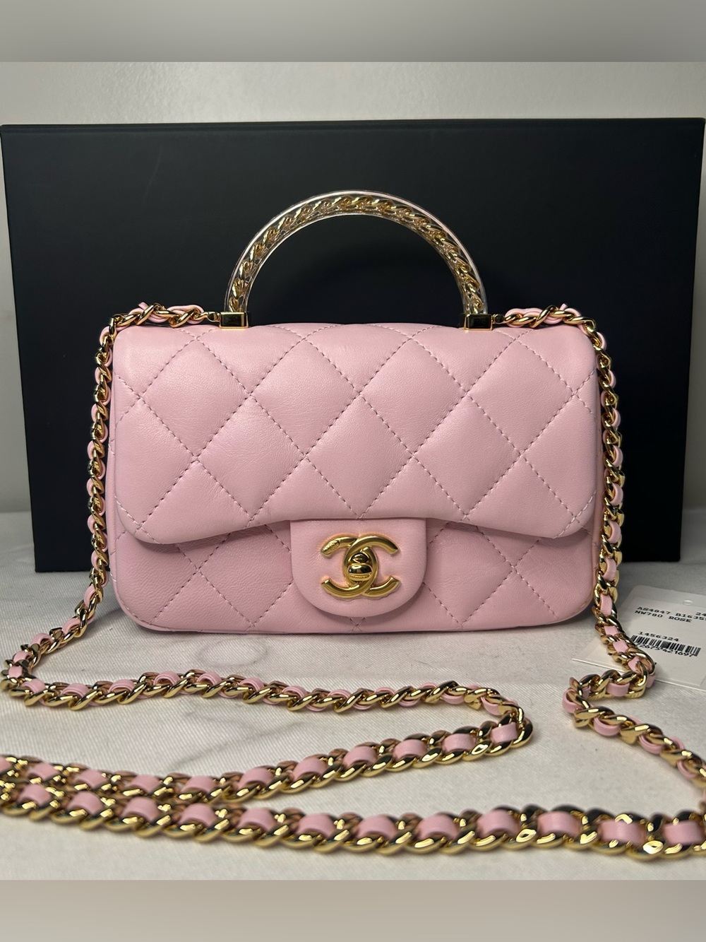 NEW! CHANEL 24S Mini Top Handle Flap Bag Quilted Lambskin Rose Light Pink